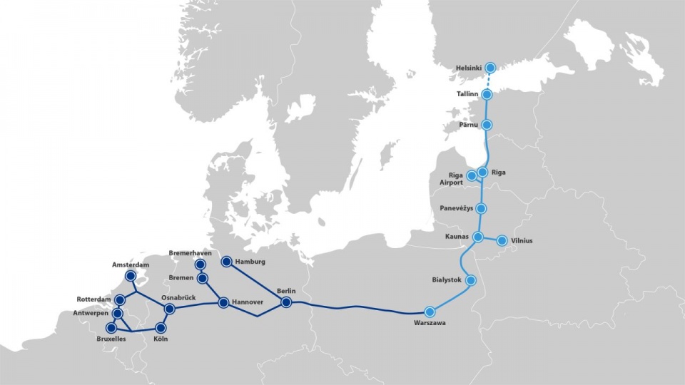 Linia kolejowa "Rail Baltica" połączy Finlandię i kraje bałtyckie z Warszawą oraz Europą Zachodnią. źródło: https://en.wikipedia.org/wiki/Rail_Baltica
