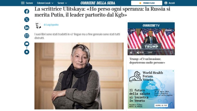 Znana rosyjska pisarka Ludmiła Ulicka powiedziała, że Rosja ma takiego prezydenta, na jakiego sobie zasłużyła. Pisarka udzieliła wywiadu włoskiemu dziennikowi Corriere della Sera komentując zakończone w niedzielę w Rosji wybory prezydenckie.