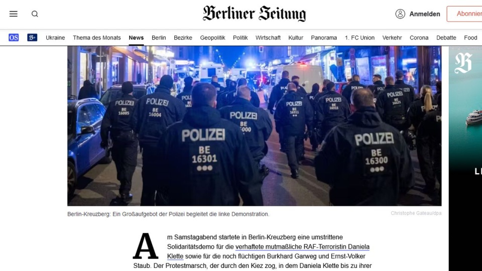 "Policjanci to faszyści" - krzyczeli ubrani na czarno i często z ukrytymi twarzami demonstrujący. źródło: https://www.berliner-zeitung.de