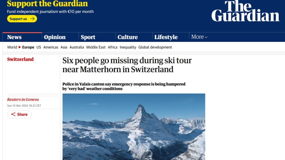 Zaginęli przedwczoraj w pobliżu góry Tete Blanche na trasie Zermatt-Arolla, w pobliżu Matterhornu na granicy szwajcarsko-włoskiej. https://www.theguardian.com/world/2024/mar/10/six-people-go-missing-during-ski-tour-near-matterhorn-in-switzerland