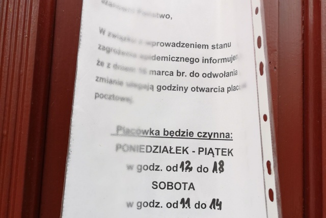 Informacja na placówce pocztowej 15.04.2020