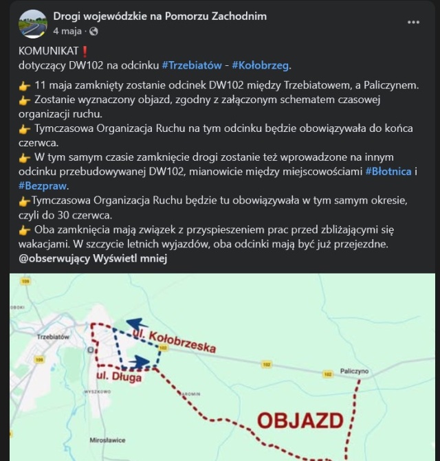 Zamknięcie drogi Trzebiatów - Paliczyno 06.07.2026