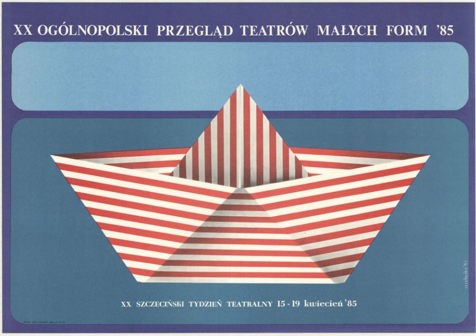 Plakat XX Ogólnopolskiego Przeglądu Teatrów Małych Form '85. XX Szczeciński Tydzień Teatralny 15 - 19 kwiecień' 85. Autor: Wiesław Strebejko (1945-1994) [polona.pl]