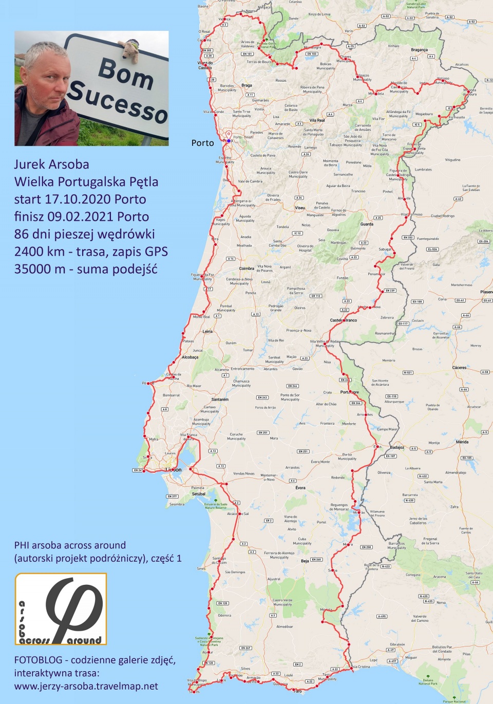 Mapa z trasą. Portugalska wyprawa Jerzego Arsoby. Fot. z prywatnych zbiorów
