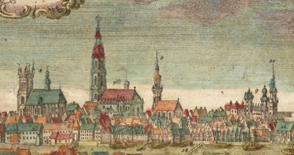 Widok Szczecina od strony Odry z ok. 1735 r. Kościół św. Mikołaja oznaczono cyfrą 8, natomiast Mariacki cyfrą 7. Autor: hor Werner Friedrich Bernhard (1690-1776), Ringlin Johann Georg (1691-1761). Ze zbioru: https://e-zbiory.muzeum.szczecin.pl/historia-szczecina/historia-szczecina/ikonografia-szczecina-xvii-xix-w/mns-h-68-386.html#common-group