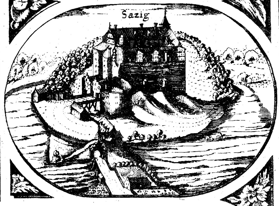 Widok zamku w Szadzku na Wielkiej Mapie Księstwa Pomorskiego Eilharda Lubinusa z 1618 roku