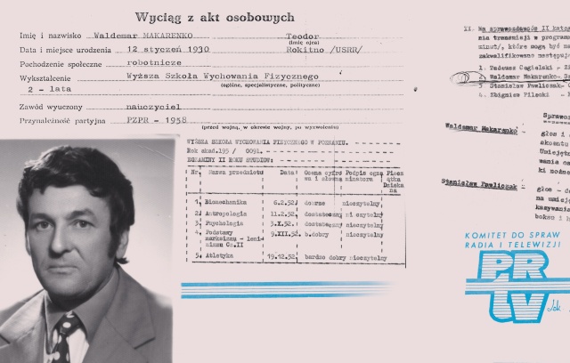 Waldemar Makarenko - w Radiu Szczecin od 1954 roku, kiedy to wygrał konkurs na sprawozdawcę sportowego. Kierownik redakcji sportowej, a od 1971 roku również zastępca redaktora naczelnego. Autor audycji "Z boisk i stadionów", która istnieje do dziś. Fot. z albumu "60 lat Polskiego Radia Szczecin", pod. red. Mariana Kowalskiego Lata 70.
