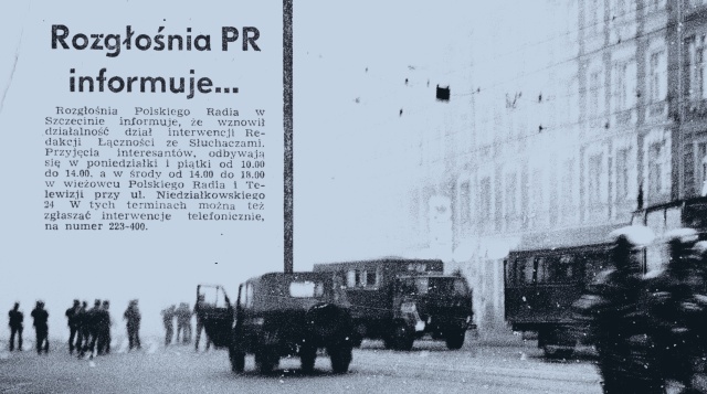 Informacja o wznowieniu działalności Radia Szczecin po ciszy wywołanej wprowadzeniem stanu wojennego grudnia 1981 roku. Fot. z albumu "60 lat Polskiego Radia Szczecin", pod red. Mariana Kowalskiego Lata 80.