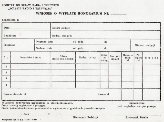 Wniosek o wypłatę honorarium - czyli co dziennikarz musiał wypełnić po emisji audycji. Fot. Agata Rokicka [Radio Szczecin] Lata 90.