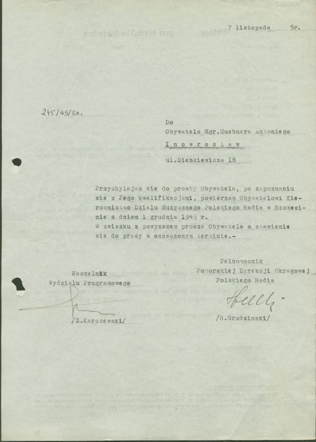 Pozytywna odpowiedź na prośbę zatrudnienia Antoniego Huebnera Lata 40. i 50.