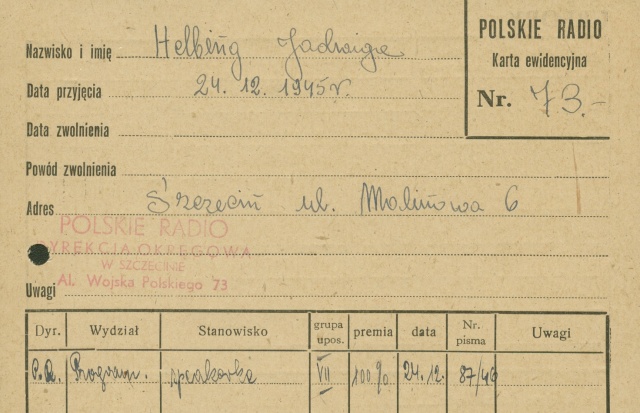 Karta ewidencyjna Jadwigi Helbingowej. Zwraca uwagę data przyjęcia do pracy. Lata 40. i 50.