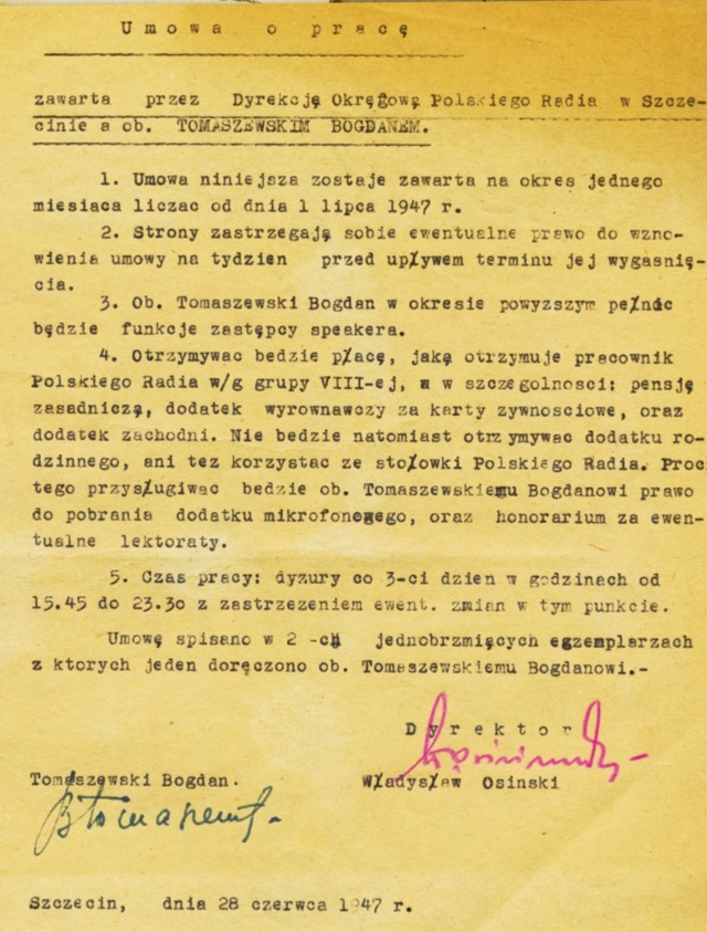 Umowa o pracę z Obywatelem Bahdanem Tomaszewskim (legendarnym dziennikarzem sportowym) Lata 40. i 50.