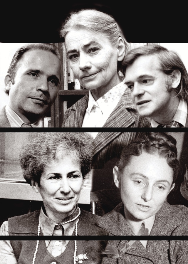 Pisarki i pisarze współpracujący z Radiem Szczecin. Od lewej strony na dole: Joanna Kulmowa, Helena Raszka, Bronisław Słomka, Katarzyna Suchodolska, Ryszard Liskowacki. Fot. z albumu "60 lat Polskiego Radia Szczecin", pod red. Mariana Kowalskiego Lata 60.