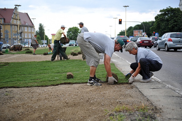 Miasto rozwija trawę z rolki w miejscu, gdzie stał Maszt Maciejewicza. Fot. Łukasz Szełemej [Radio Szczecin] Nie ma trawy? To trzeba rozłożyć [ZDJĘCIA]