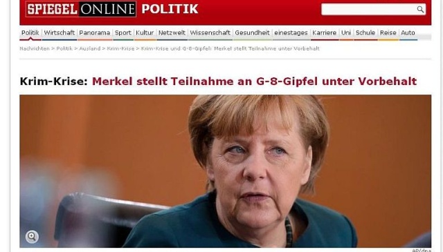 Jeśli referendum na Krymie odbędzie się - Angela Merkel nie pojawi się na szczycie G8 w Soczi - o zaostrzeniu niemieckiego stanowiska w sprawie Rosji pisze w niedzielę Der Spiegel.