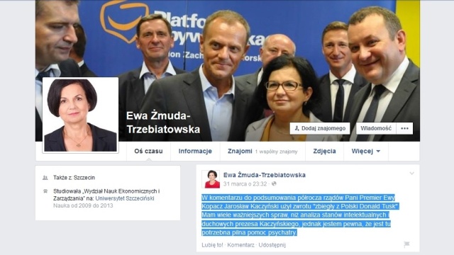 Jarosław Kaczyński potrzebuje pomocy psychiatry - uważa posłanka PO ze Świnoujścia. Tak Ewa Żmuda-Trzebiatowska napisała na swoim Facebookowym profilu.