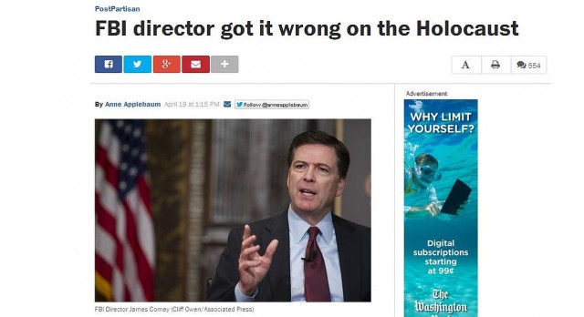 Polski ambasador w Waszyngtonie protestuje(...)ambasador Stanów Zjednoczonych w Warszawie wylewnie przeprasza. Dlaczego Bo dyrektor FBI mówiąc o potrzebie edukacji o Holokauście zademonstrował, jak bardzo sam jej potrzebuje - pisze na łamach Washington Post Anna Applebaum.