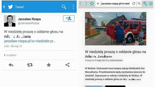 Sprawę wyjaśnia policja. Na stronie internetowej Jarosława Rzepy pojawił się wpis z sobotnią datą, wskazujący, aby głosować na podanego z imienia i nazwiska kandydata w niedzielnych wyborach prezydenckich.