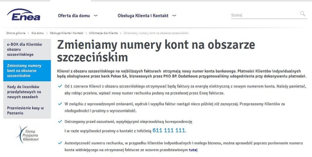 Dostawca energii elektrycznej - firma Enea - zmienia numer konta bankowego.