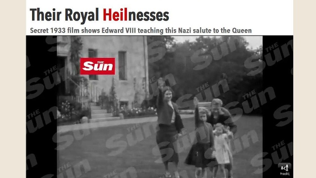 Królowa Elżbieta wykonująca gest nazistowskiego pozdrowienia. Film ukazujący mniej więcej 7-letnią monarchinię hajlującą w stronę matki opublikował w sobotę tabloid The Sun.