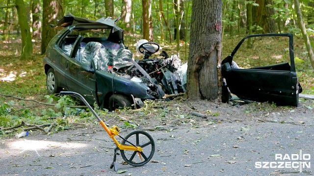 Wypadek na ul. Kupczyka w Szczecinie. W okolicach jeziora Głębokiego samochód uderzył w drzewo.