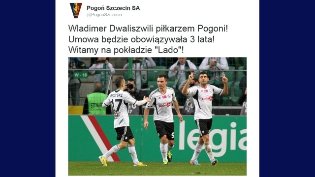 Napastnik Wladimer Dwaliszwili podpisał kontrakt z Pogonią Szczecin. Umowa będzie obowiązywała przez trzy lata.