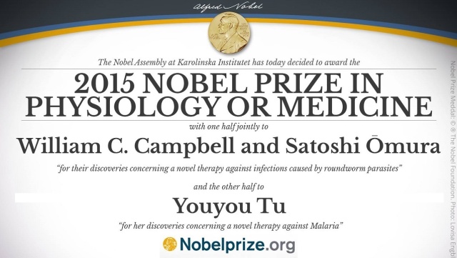 William C. Campbell, Satoshi mura i Youyou Tu otrzymali nagrody Nobla w dziedzinie medycyny. Dostali je za walkę z chorobami pasożytniczymi i malarią.