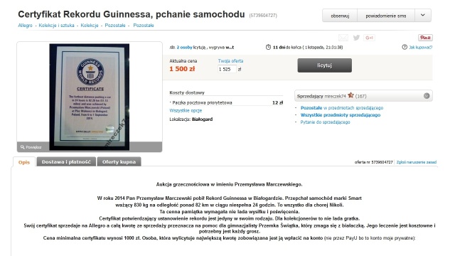 Najpierw ustanowił rekord Guinessa, by pomóc chorej dziewczynce. Teraz certyfikat potwierdzający ten wyczyn sprzedaje na internetowej aukcji, bo chce pomóc kolejnej osobie. Mowa o Przemysławie Marczewskim z Białogardu.