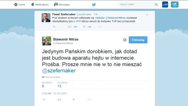 Paweł Szefernaker konta Sławomir Nitras w sądzie. Radny Sejmiku Zachodniopomorskiego zapowiada proces w trybie wyborczym przeciwko doradcy Ewy Kopacz za wpis na portalu społecznościowym. Chodzi o wymianę zdań na Twitterze.