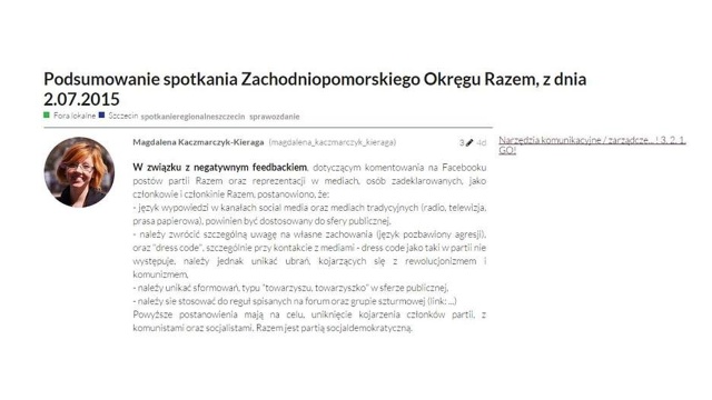 Należy unikać ubrań, które mogą kojarzyć się z komunizmem, zwrotów per towarzyszu oraz agresywnego języka - taki poradnik trafił do członków partii Razem w Zachodniopomorskiem.