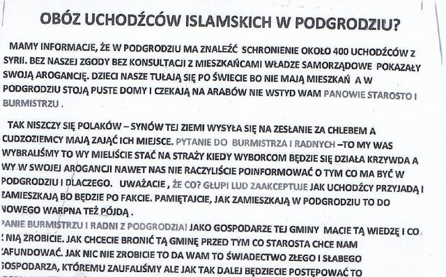 Anonimowe osoby roznoszą antyimigranckie ulotki w Nowym Warpnie. Autorzy twierdzą, że w miejscowości ma zamieszkać 400 uchodźców z Syrii. Urzędnicy dementują te informacje.