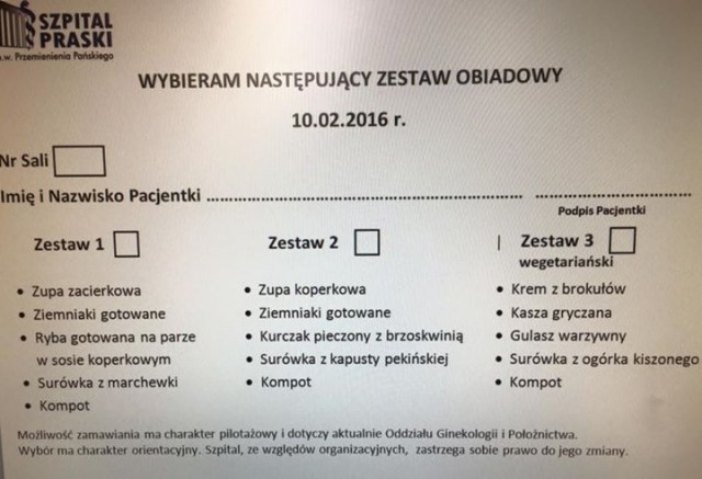 Pieczeń rzymska albo schab gotowany w sosie koperkowym do wyboru - to przykładowa karta dań na oddziale ginekologiczno-położniczym w państwowym szpitalu na warszawskiej Pradze.