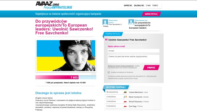 Mieszkańcy Szczecina podpisują petycję w której domagają się uwolnienia Nadi Sawczenko, ukraińskiej pilotki sądzonej przez rosyjskiej sąd.