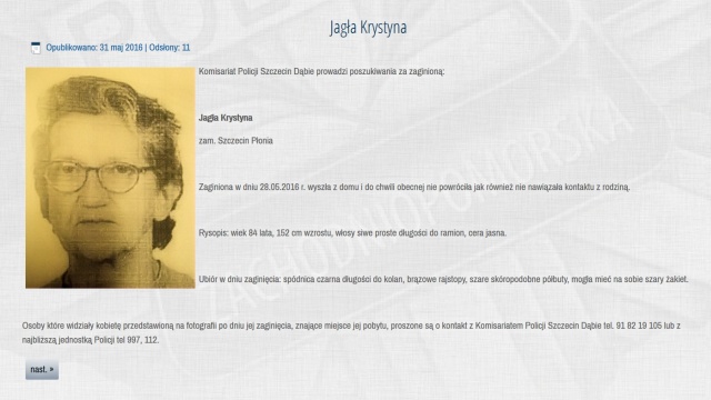 Krystyna Jagła wyszła z domu w minioną sobotę, do tej pory nie wróciła i nie nawiązała też kontaktu z rodziną.