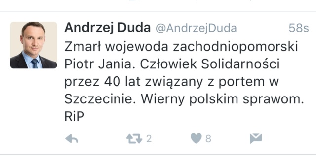 Człowiek Solidarności przez 40 lat związany z portem w Szczecinie. Wierny polskim sprawom - tak o zmarłym wojewodzie zachodniopomorskim napisał na Twitterze prezydent RP Andrzej Duda.
