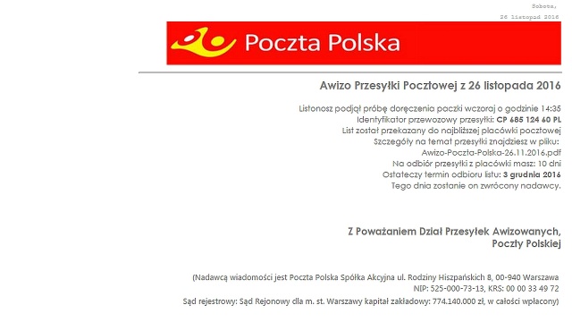 Poczta Polska ostrzega przed atakiem hakerów. Na konta mailowe wysyłane są wiadomości z groźnym załącznikiem. Spółka sugeruje od razu usuwać wiadomości.