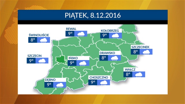 W piątek chmury i deszcz, do tego lekki wiatr. Temperatury w większości regionu od 8 do 9 stopni Celsjusza.