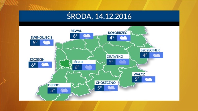 Środa zapowiada się chłodna i pochmurna, choć w niektórych miejscach regionu zza chmur wyjrzy słońce. W ciągu dnia termometry będą wskazywać od 4 do 6 stopni Celsjusza. Możliwe opady deszczu.