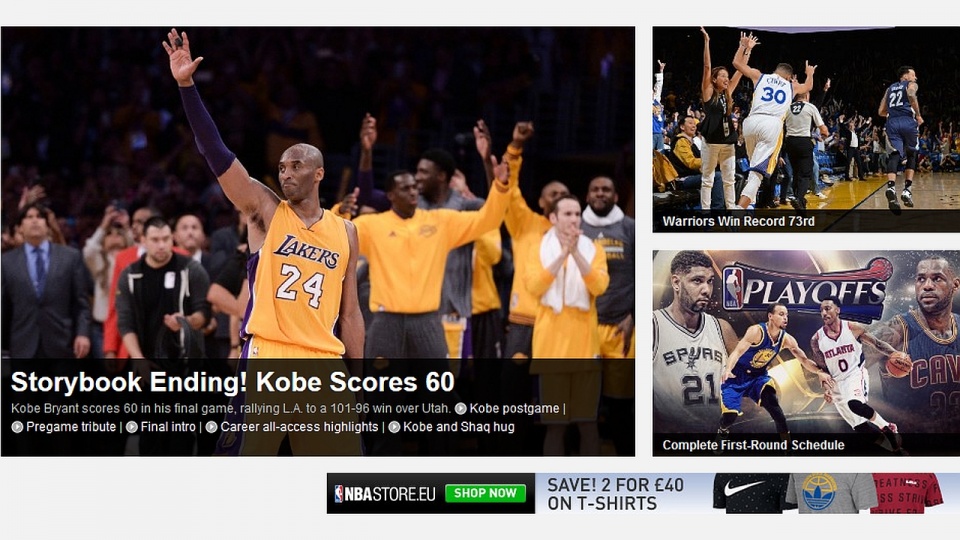 Oficjalna strona NBA kilka godzin po spotkaniu LA Lakers z Utah Jazz. Fot. nba.com