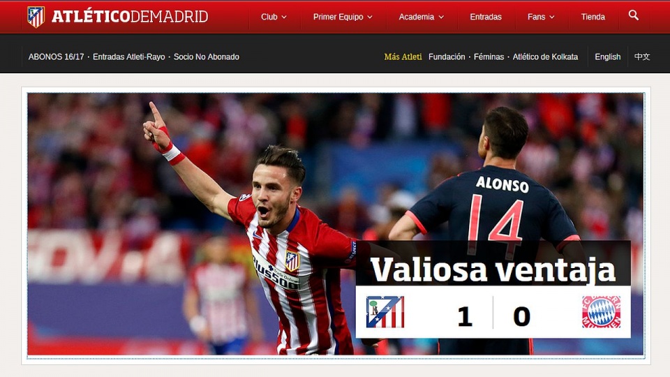 Atletico Madryt - Bayern Monachium 1:0. Fot. www.clubatleticodemadrid.com