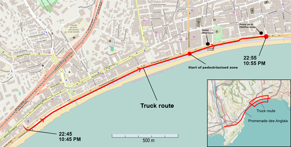 Trasa przejazdu ciężarówki zamachowca w Nicei. Fot. wikimedia.org