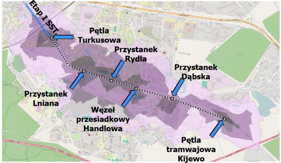 Pierwszy wariant II odcinka Szczecińskiego Szybkiego Tramwaju. Mat. projektantów