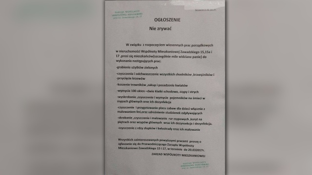 Wszystkie ręce na pokład i do sprzątania. Preferowane ręce damskie. Zarząd wspólnoty mieszkaniowej Zawadzkiego 15 i 17 rozwiesił na klatkach schodowych ogłoszenie.