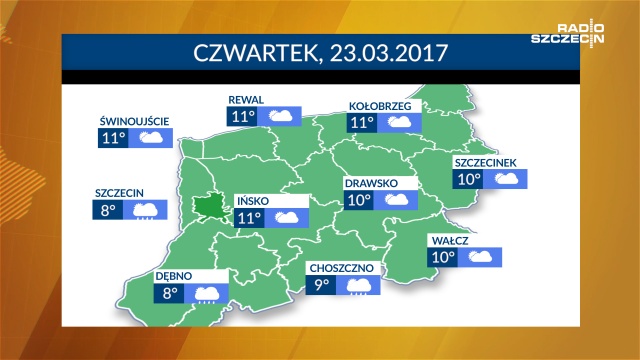 W czwartek w Szczecinie może spaść deszcz i 8 stopni na termometrach, w regionie od 8 do 11 stopni i zdecydowanie więcej słońca, szczególnie nad morzem. Za to piątek zapowiada się słonecznie i 13 stopni Celsjusza.