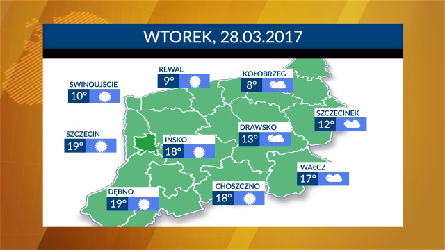 Czeka nas kolejny słoneczny i ciepły dzień. We wtorek termometry nad morzem będą wskazywać od 8 do 10 stopni Celsjusza, w głębi regionu już 17, a w Szczecinie nawet 19 stopni.