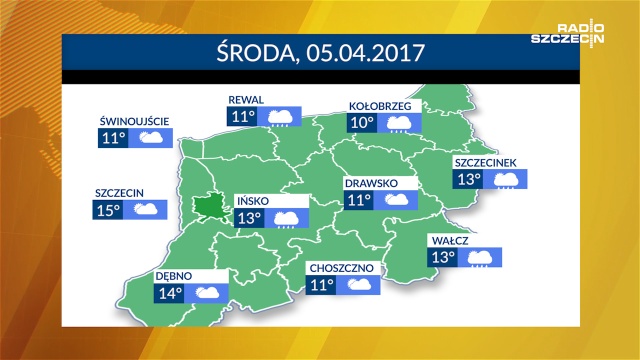 W środę znów dużo słońca, ale na chwilę dołączy też wiosenny deszcz. Może przelotnie popadać w całym regionie. Temperatura od 10 do 15 stopni. Niestety pojawi się też silniejszy wiatr, szczególnie nad morzem.
