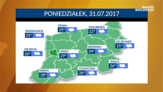 Do Polski zbliża się fala upałów. Już w poniedziałek na Pomorzu Zachodnim będzie bardzo ciepło. W ciągu dnia termometry będą wskazywać od 22 do 29 stopni Celsjusza. Miejscami możliwe opady deszczu, a nawet burze.