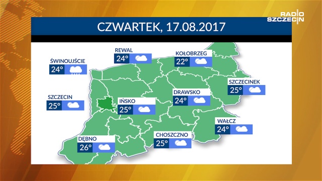 W czwartek od 22 do 26 stopni Celsjusza. W całym regionie słońce wyjdzie zza chmur. Przelotny deszcz nad samym morzem w Świnoujściu.
