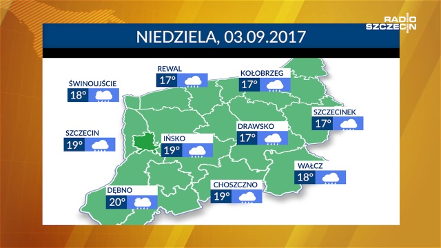 Czeka nas chłodny poniedziałek. W ciągu dnia termometry w regionie będą wskazywać od 18 do 21 stopni Celsjusza. Do południa pochmurno, później przejaśnienia. Miejscami może też przelotnie pokropić deszcz.