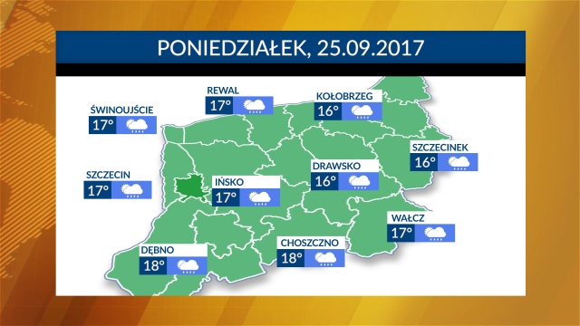 Pochmurno i deszczowo - taka pogoda zapowiada się w poniedziałek. W ciągu dnia termometry w regionie będą wskazywać od 16 stopni nad morzem do 18 na południu województwa.